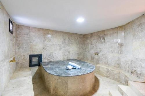 uma grande casa de banho com uma parede de pedra em Villa Şah em Bezirgân