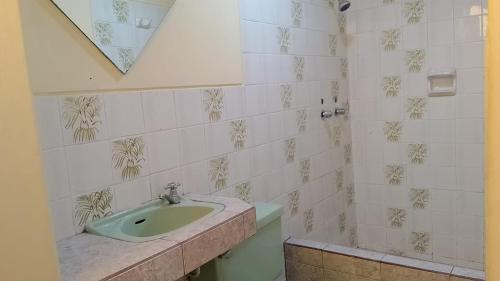 baño con lavabo en una pared de azulejos en Plaza inn, en Lima
