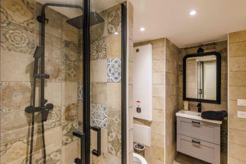 een badkamer met een douche, een toilet en een wastafel bij L isle aux Rêves appartement plain-pied avec patio RDC in LʼIsle-sur-la-Sorgue