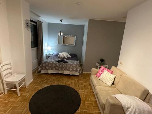 a living room with a couch and a bed at Pikku-Utopia - Studio withSauna in Tornio