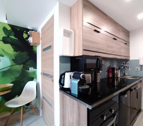 - une cuisine avec un plan de travail noir et un évier dans l'établissement Riviera Cocoon - Nice Center, à Nice