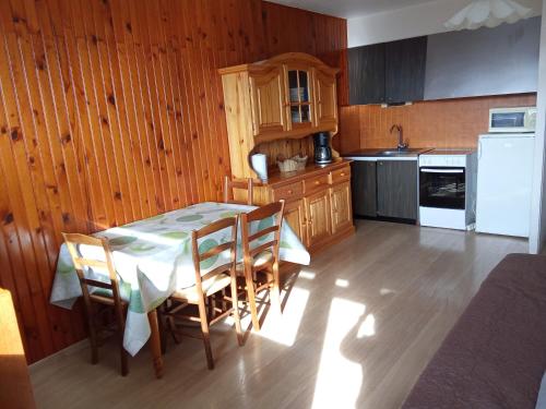 une cuisine avec une table et des chaises dans l'établissement Appartement plein cœur Super-Besse, à Besse-et-Saint-Anastaise
