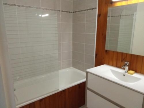 une salle de bain avec une baignoire blanche et un lavabo dans l'établissement Appartement plein cœur Super-Besse, à Besse-et-Saint-Anastaise