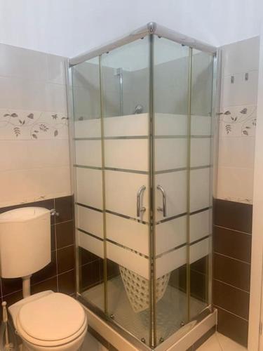 a bathroom with a toilet and a glass wall at La Casa del Capo - appartamento con 2 camere. in Venaria Reale