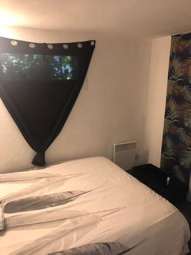 um quarto com uma cama com uma cortina sobre uma janela em Logement appartement bourget em Le Bourget