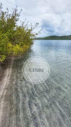 a sign on the shore of a body of water at LittleLovely Studio in La Trinité