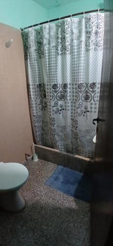 a bathroom with a shower curtain and a toilet at Mburucuya in Mburucuyá