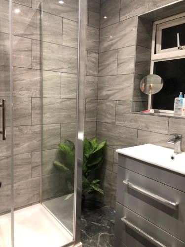 a bathroom with a shower and a sink at 34 Furlong Close Room in a Home in Oxford