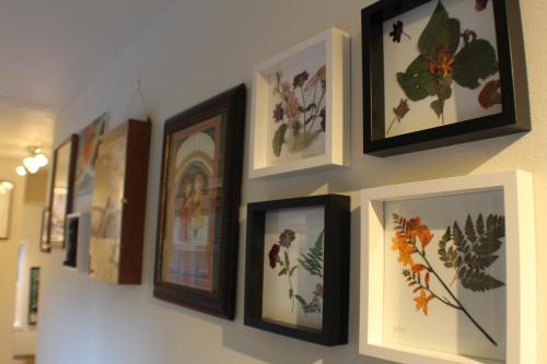 a row of framed pictures on a wall at The Irish Inn in Hood River