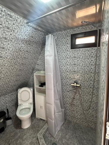 mała łazienka z toaletą i prysznicem w obiekcie Cottage Rioni Kutaisi w Kutaisi