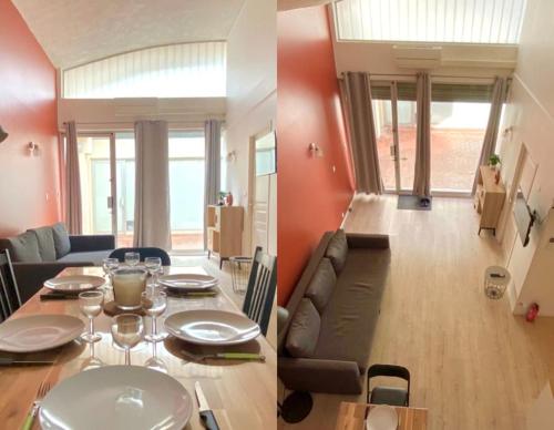 - une salle à manger et un salon avec une table et un canapé dans l'établissement Le Bon Appart à Saint Cyprien, à Saint-Cyprien