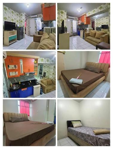 a collage of four pictures of a living room at Riz Property in Jakarta
