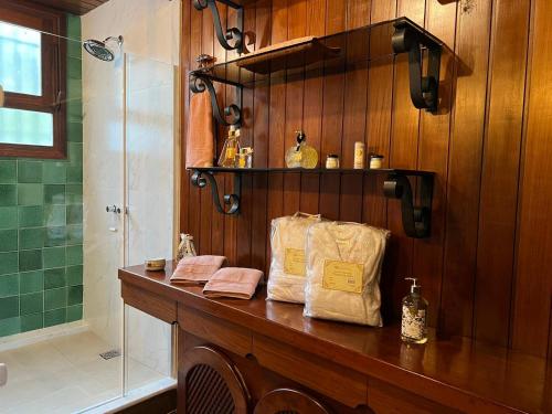 y baño con encimera de madera y ducha. en Casa Holanda en Teresópolis