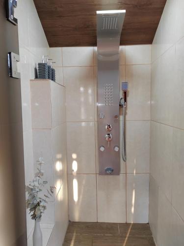 a bathroom with a shower with a shower head at Casa de descanso Villa Serena in Grecia