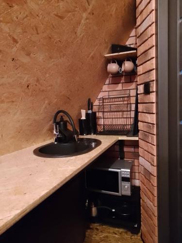 a kitchen with a sink and a microwave at Zaciszny Zakątek Zawoja in Zawoja