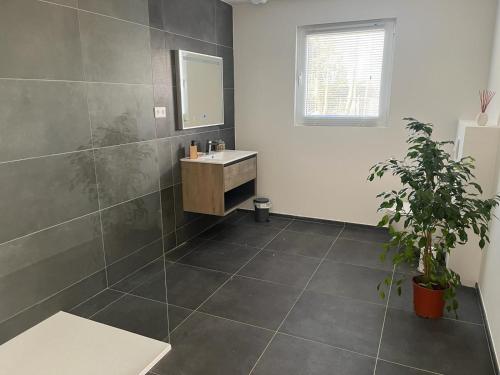 a bathroom with a sink and a mirror at La Perle du petit Rupembert in Wimille