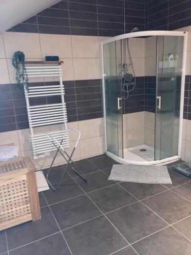 una ducha con puerta de cristal en un baño en maison cocooning, en Gesnes-le-Gandelin
