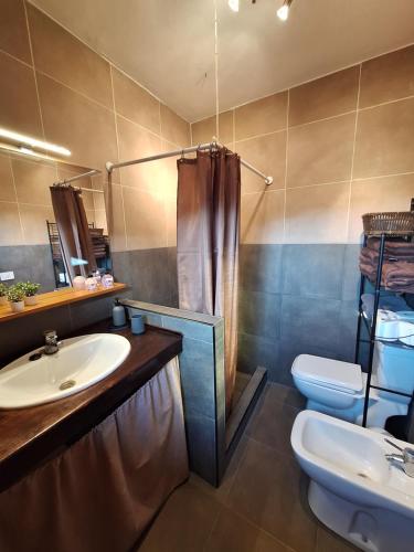 a bathroom with a sink and a toilet and a shower at Finca Esther in Las Palmas de Gran Canaria