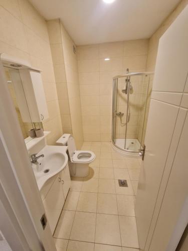 ein Bad mit einem WC, einer Dusche und einem Waschbecken in der Unterkunft Apartment 2 Plisi Gjilan in Gnjilane