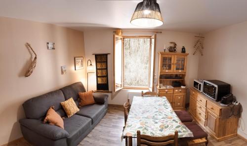 ein Wohnzimmer mit einem Sofa und einem Tisch in der Unterkunft Gite aux 1000 chemins - Apt 50m2 in Saint-Joseph-de-Rivière