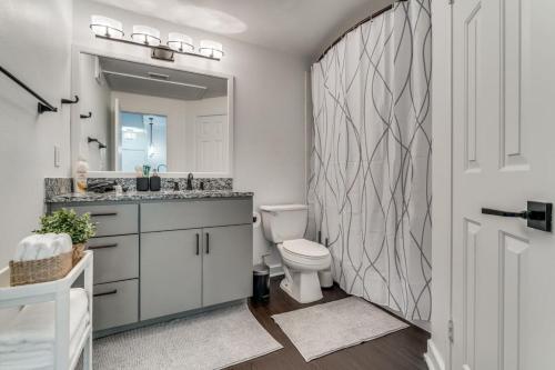 a bathroom with a toilet and a sink and a mirror at Luxury 1Bedroom Apt with Pool in Austin