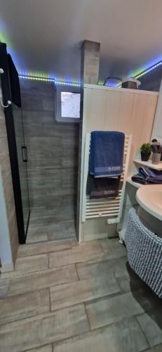 a bathroom with a shower with a blue towel at Atelier d Antoine in Saasenheim