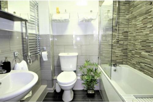 a bathroom with a toilet and a tub and a sink at Cosy 2 bed apartment with parking & b/fast cereal 