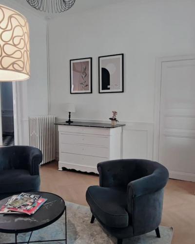 un salon avec deux chaises et une table dans l'établissement Grande maison bourgeoise La Flèche, centre ville, à La Flèche