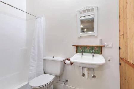 a white bathroom with a toilet and a sink at Bostane Cottage on West Hobart Hill in Hobart