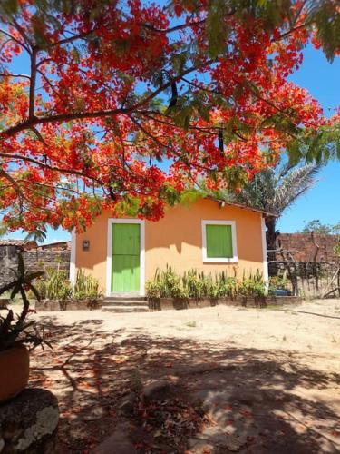 a house with two green doors and a tree at Sítio bem localizado em Triunfo in Triunfo
