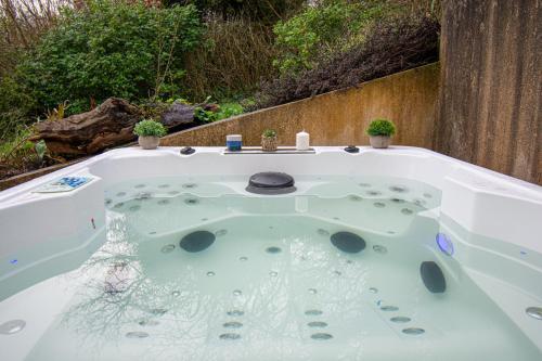 un jacuzzi avec deux plantes dedans dans l'établissement Maen Glas I Jacuzzi & Grand domaine, à Lanvéoc