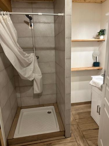 uma casa de banho com chuveiro e cortina de chuveiro em Appartement T3+Mezzanine Augustine em Courchevel