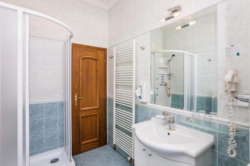 a bathroom with a sink and a mirror and a shower at Hotel Jelínkova vila in Velké Meziříčí
