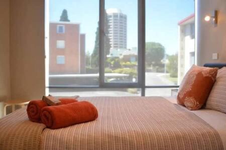 a bedroom with a bed with a large window at Modern 1 bed-walk Casino riverfront 5 mins to CBD in Hobart