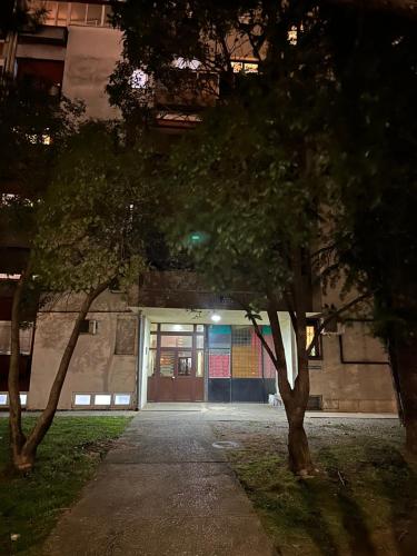 an entrance to a building with two trees in front at Podgorica Great location in Podgorica