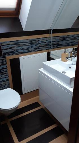 a bathroom with a white sink and a toilet at Leśny Zakątek- Domek Lipa in Parchowo