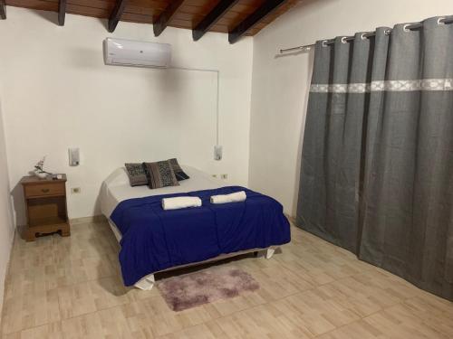 a bedroom with a bed with a blue comforter at CASAFUERTE departamentos in Luque