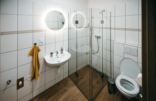 a bathroom with a toilet and a sink at Byt 21 v Rezidenci Bílý lev na náměstí in Žďár nad Sázavou