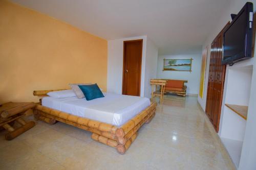 a bedroom with a bed and a television in a room at Hotel Toledo Plaza in Armenia