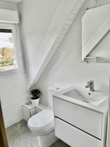 une salle de bain blanche avec des toilettes et un lavabo dans l'établissement Maison des Artistes de Barbizon, à Barbizon