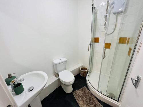 een badkamer met een toilet, een wastafel en een douche bij Boutique 2Bed Apt with Great Amenities in Liverpool