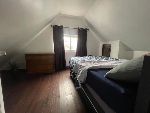1 dormitorio con 1 cama, vestidor y ventana en Private Loft 5 min away from LGA en East Elmhurst