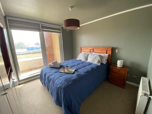 1 dormitorio con 1 cama con edredón azul y ventana en Hermoso Departamento en Puerto Montt, en Puerto Montt