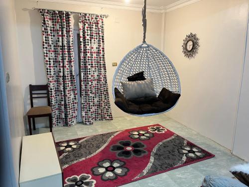 a room with a hanging chair and a rug at 14 Min from cairo airport in Cairo
