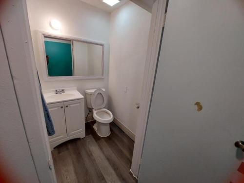 a bathroom with a toilet and a sink and a mirror at La Unica in Austin