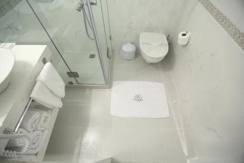 a white bathroom with a shower and a toilet at The White Suites in Adamas