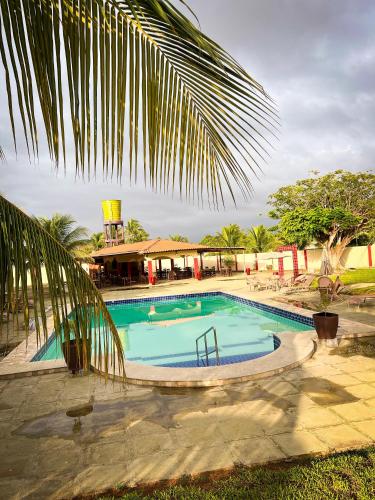 een zwembad in een resort met een palmboom bij HOTEL DO JORRO in Poço Redondo