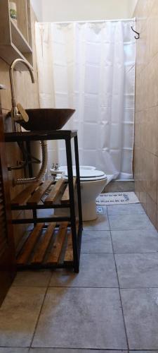 a bathroom with a toilet and a white shower curtain at SUITE A&F Habitación con baño privado in San Fernando del Valle de Catamarca