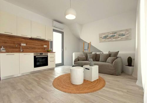 a large living room with a couch and a kitchen at Amy Villa , Agios Prokopis in Agios Prokopios
