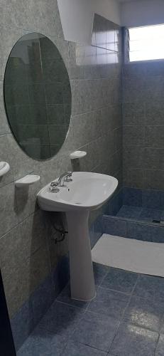 ein Bad mit einem Waschbecken, einem Spiegel und einer Dusche in der Unterkunft Departamento MAWER in El Calafate